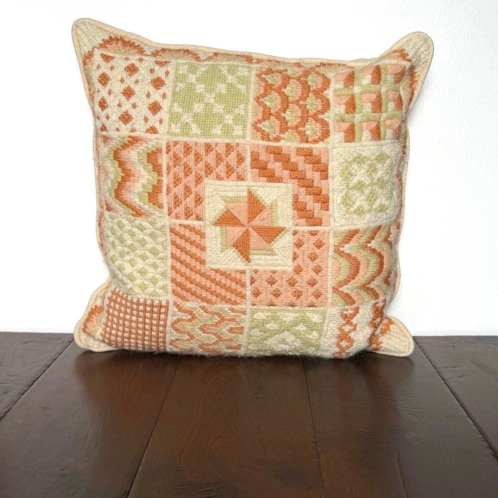Vintage Bucilla Needlepoint Pillow Peach Beige Mint Geometric